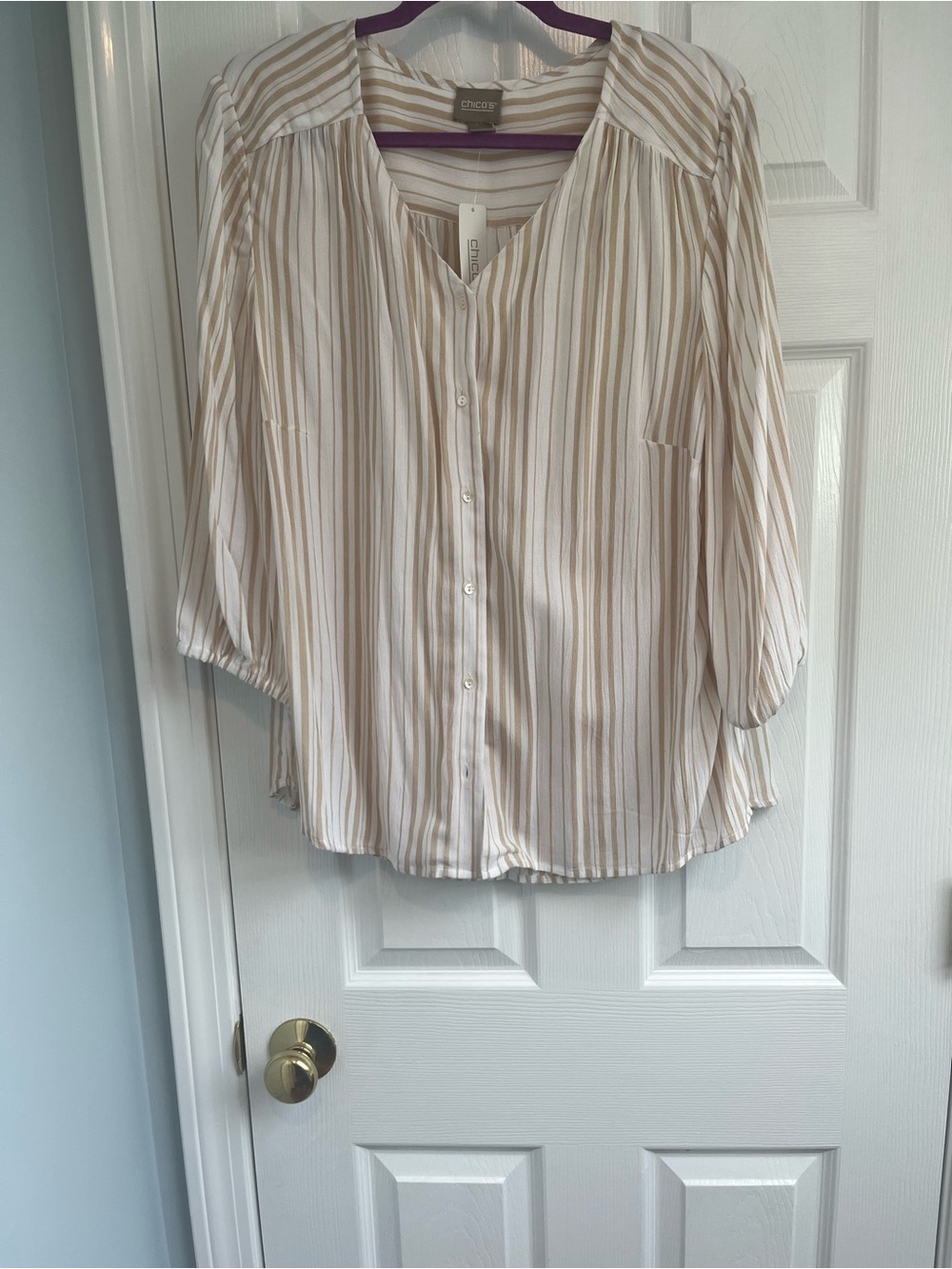 Chico's Cream Blouse with Tan Stripes, Button-Front